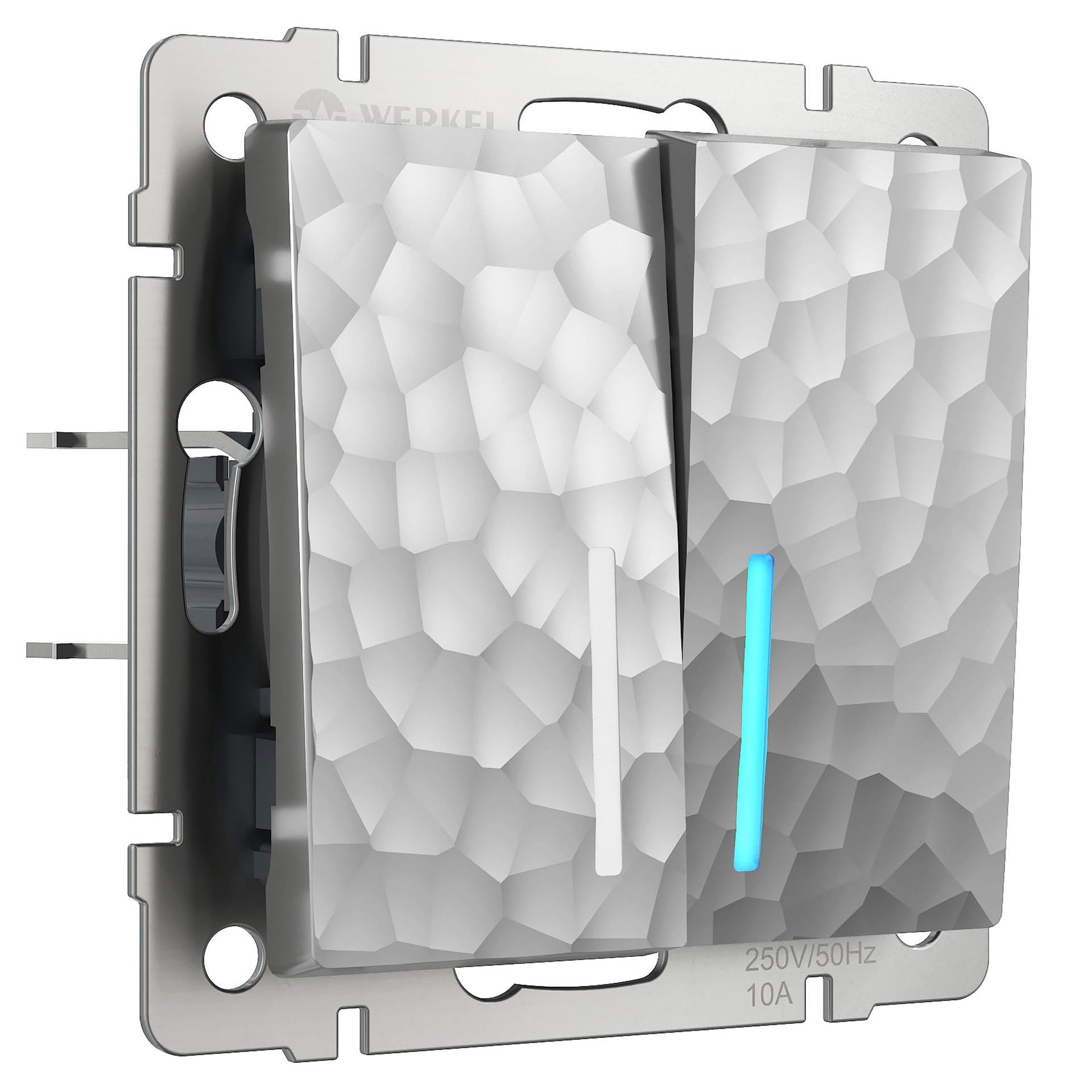 Выключатель Werkel W1222106/ Выключатель двухклавишный проходной с подсветкой (hammer серебряный)