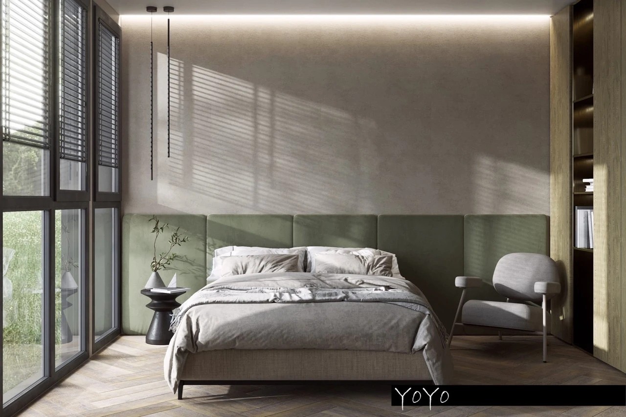 Концептуальный проект спальни в частном доме в стиле эко-минимализм.