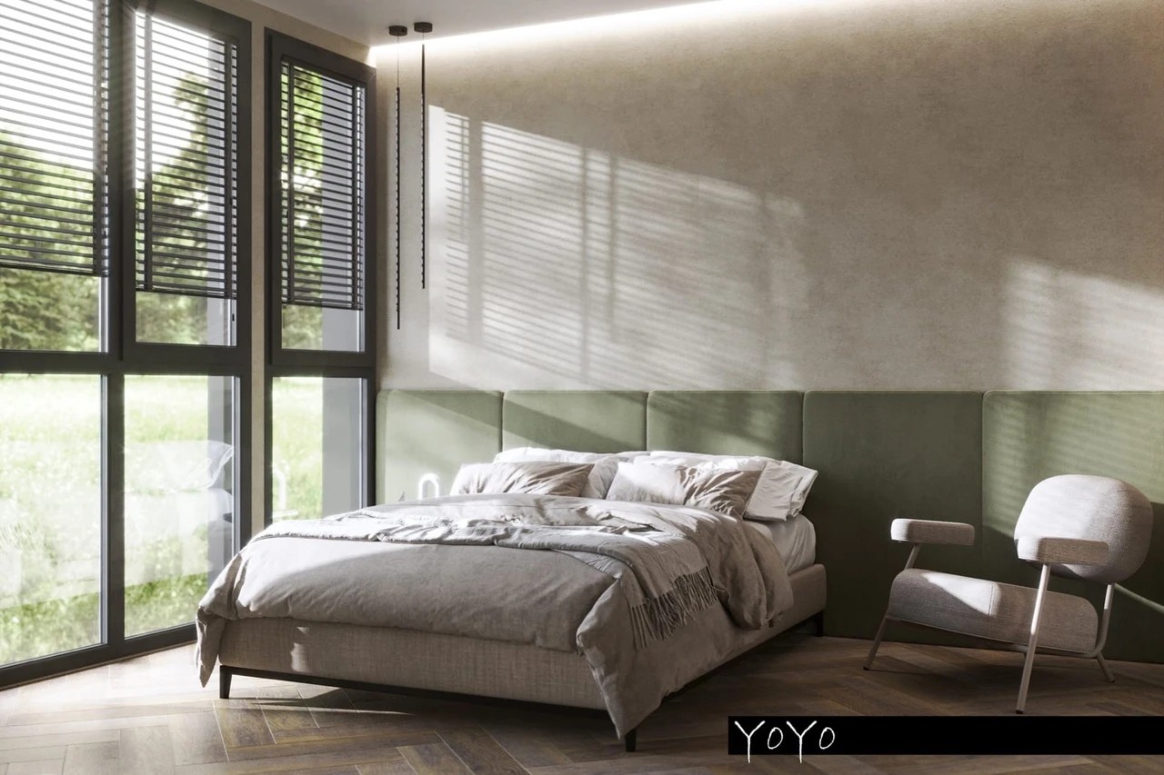 Концептуальный проект спальни в частном доме в стиле эко-минимализм.