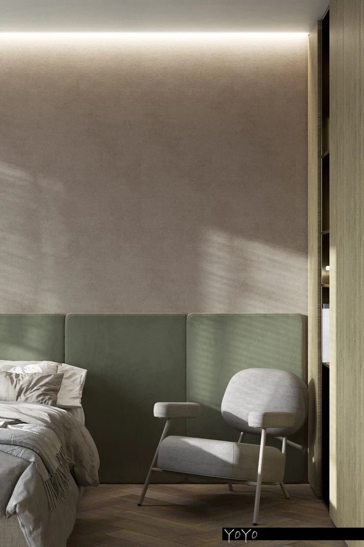 Концептуальный проект спальни в частном доме в стиле эко-минимализм.