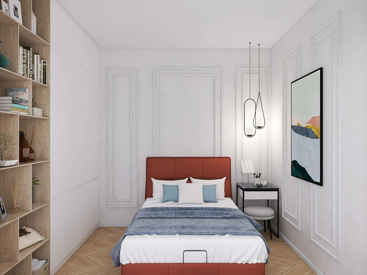 Белая спальня-гостиная с акцентами
