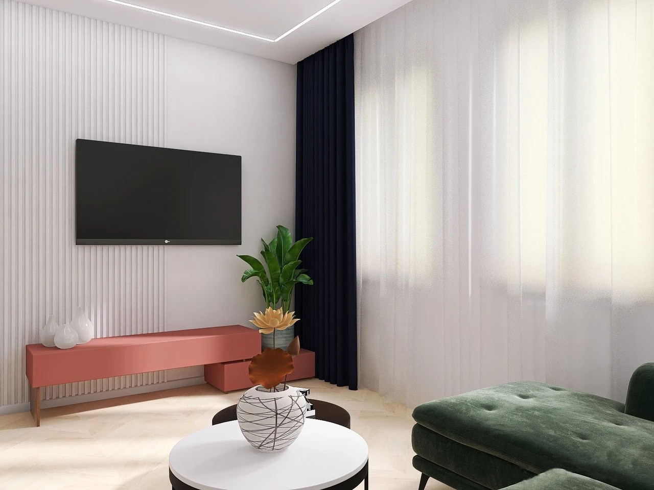 Белая спальня-гостиная с акцентами