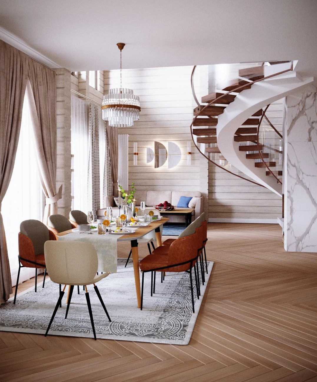 Дизайн гостиной-кухни загородного дома