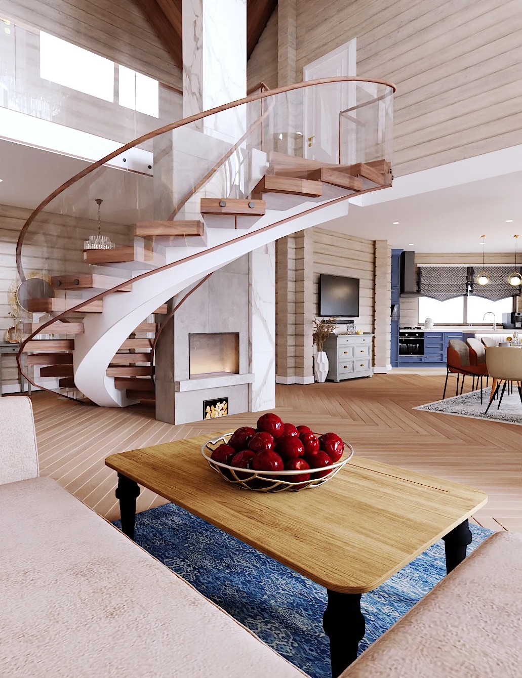 Дизайн гостиной-кухни загородного дома