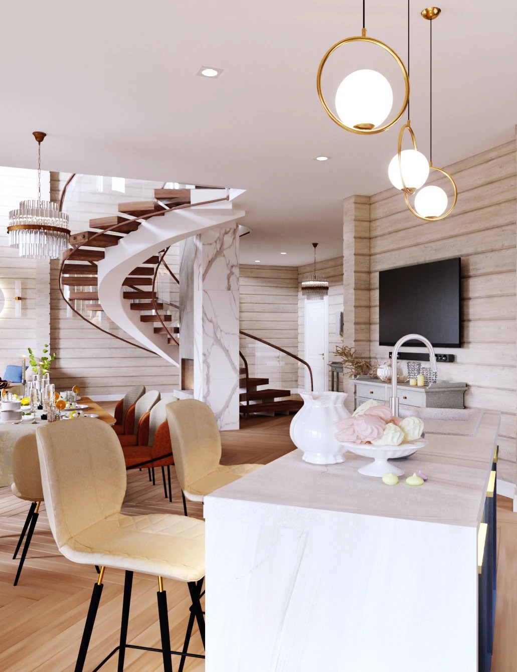 Дизайн гостиной-кухни загородного дома