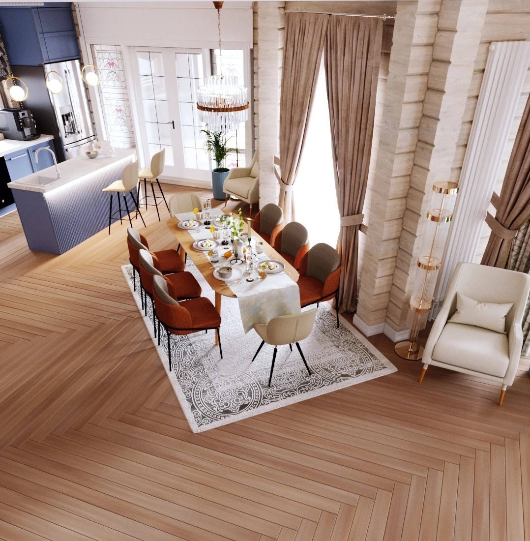 Дизайн гостиной-кухни загородного дома