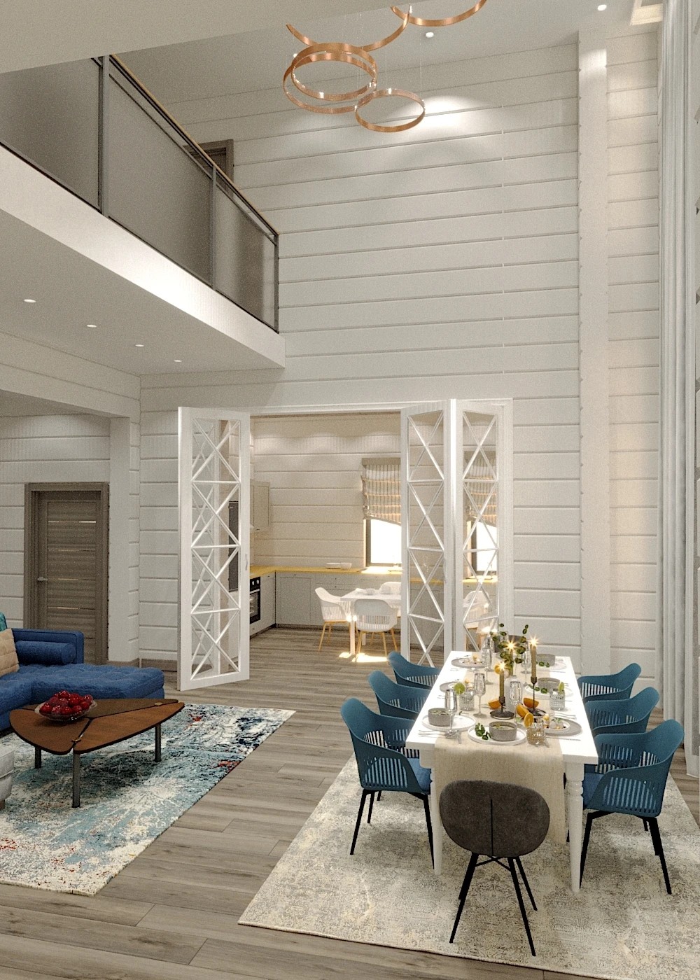 Дизайн гостиной-столовой загородного дома