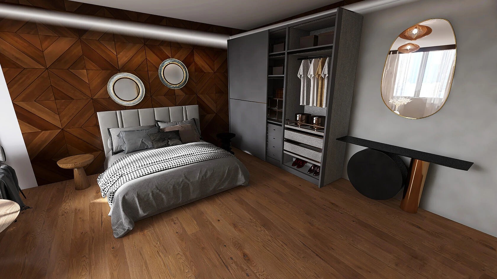 СПАЛЬНАЯ КОМНАТА В СОВРЕМЕННОМ СТИЛЕ С ФАКТУРАМИ ДЕРЕВА В ИНТЕРЬЕРЕ