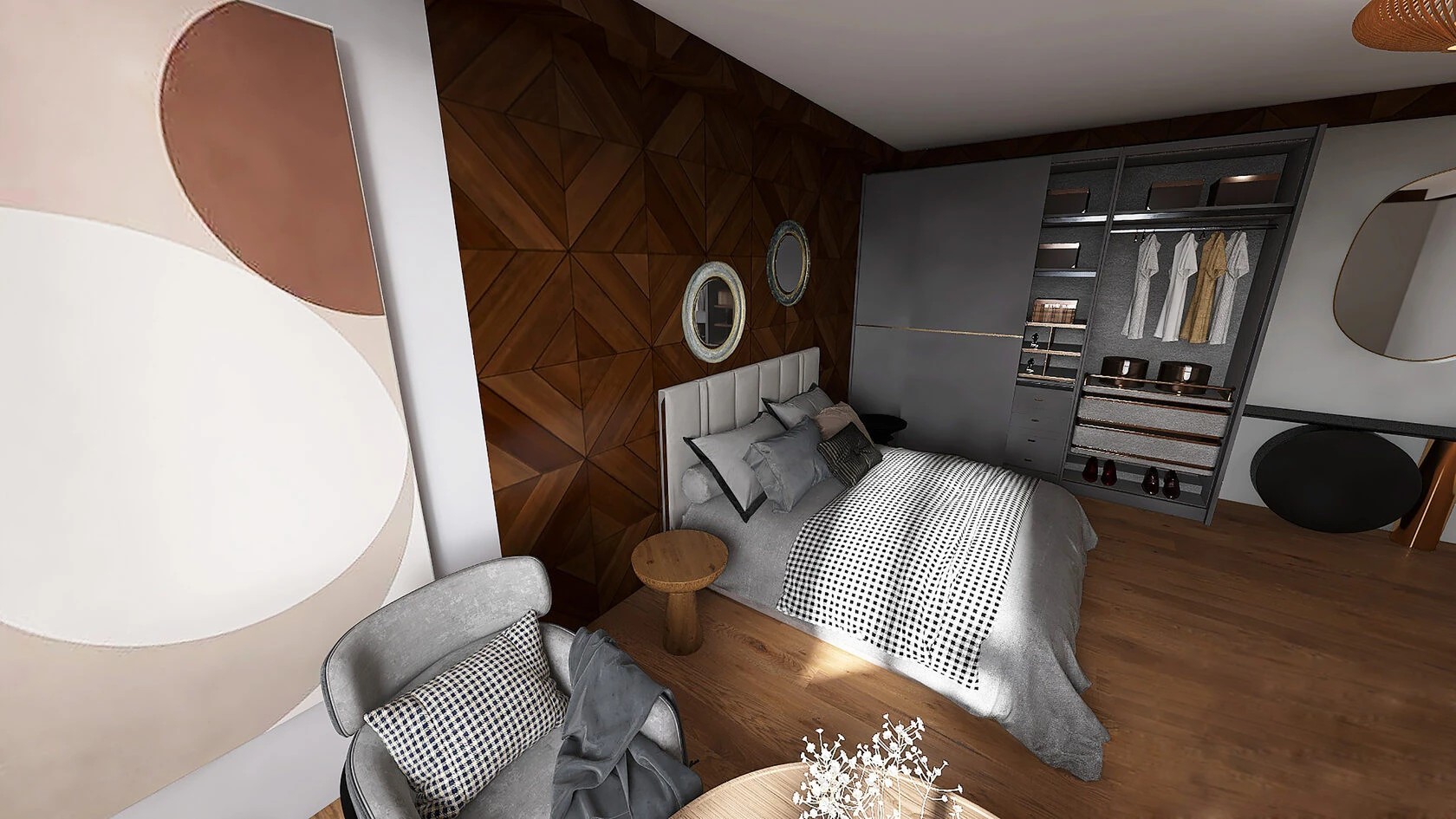 СПАЛЬНАЯ КОМНАТА В СОВРЕМЕННОМ СТИЛЕ С ФАКТУРАМИ ДЕРЕВА В ИНТЕРЬЕРЕ