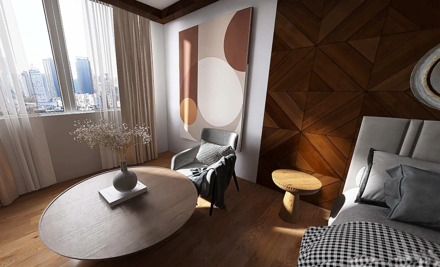 СПАЛЬНАЯ КОМНАТА В СОВРЕМЕННОМ СТИЛЕ С ФАКТУРАМИ ДЕРЕВА В ИНТЕРЬЕРЕ