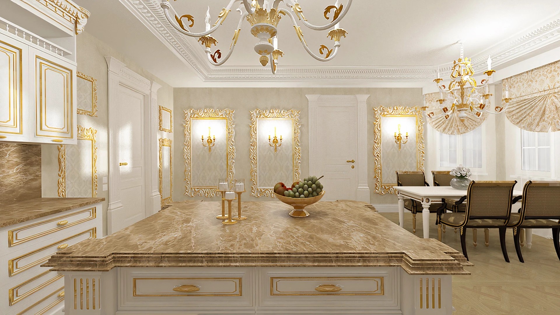 Кухня-столовая в барочном стиле.