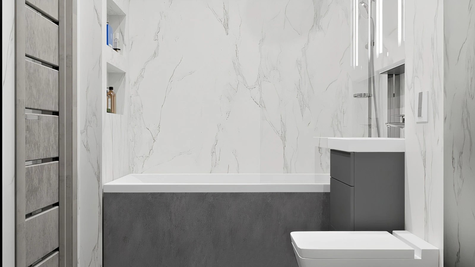 Монохромная ванная комната в минималистичном стиле