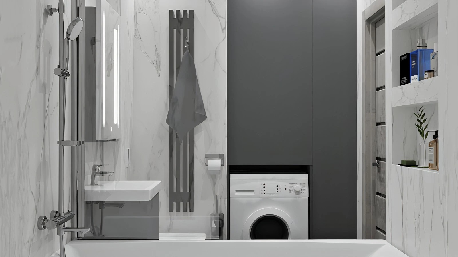 Монохромная ванная комната в минималистичном стиле