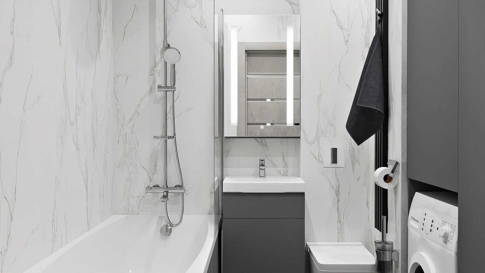 Монохромная ванная комната в минималистичном стиле