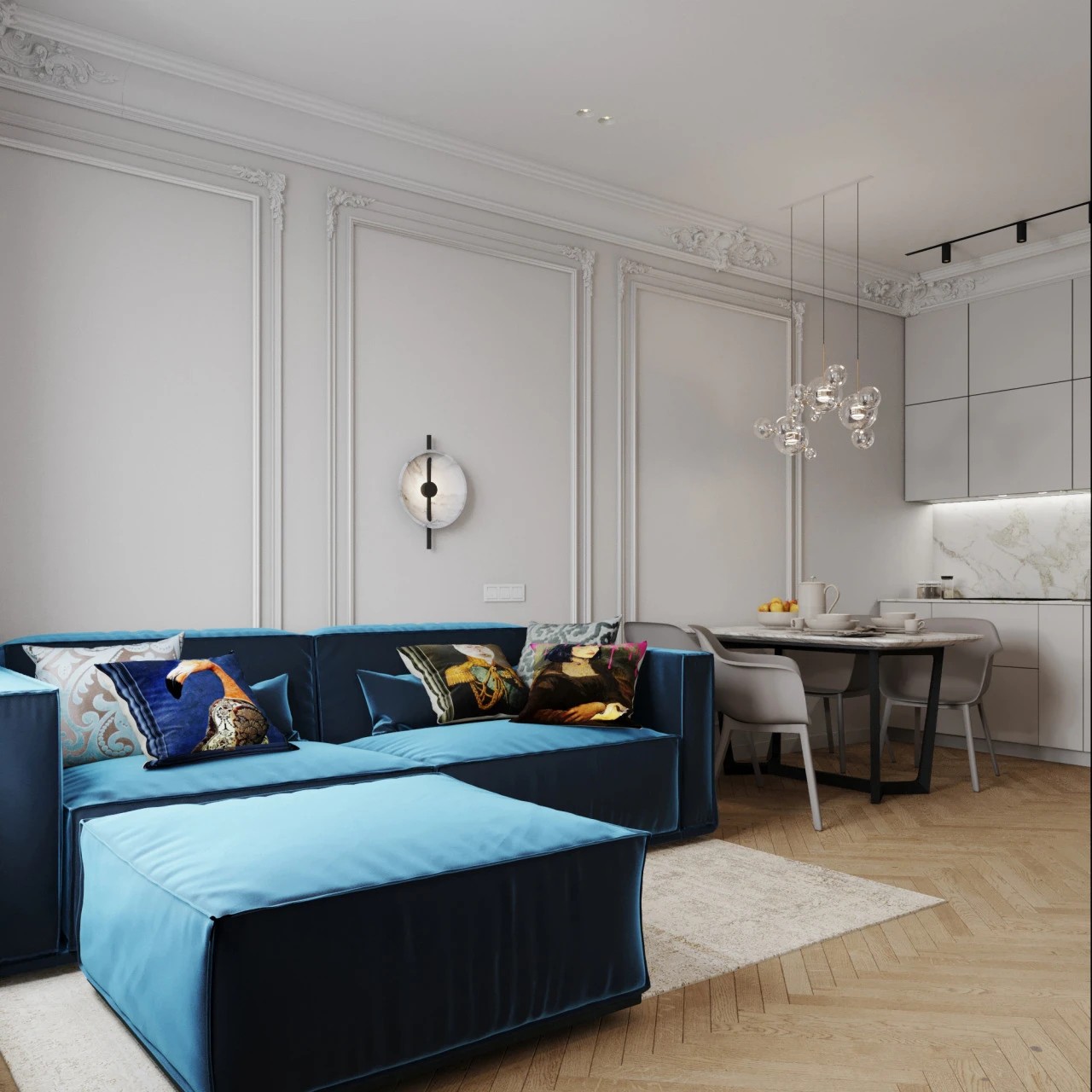 Кухня-гостиная в проекте современной квартиры в Санкт-Петербурге.