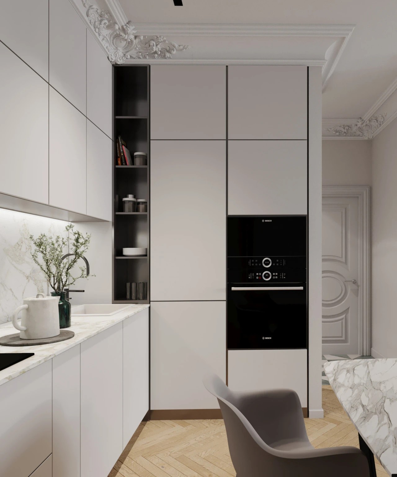 Кухня-гостиная в проекте современной квартиры в Санкт-Петербурге.