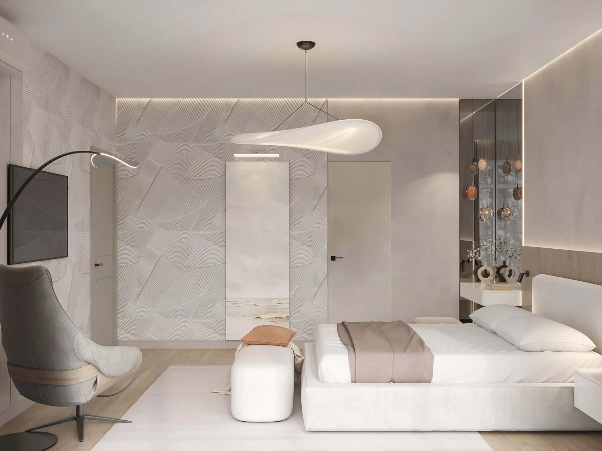 Мастер - спальня с гардеробной комнатой.