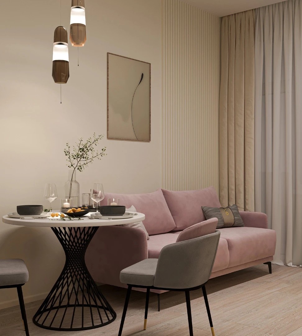 Нежная кухня в проекте для молодой пары