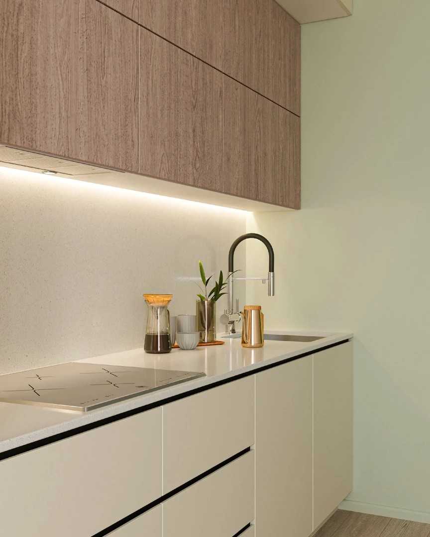 Нежная кухня в проекте для молодой пары