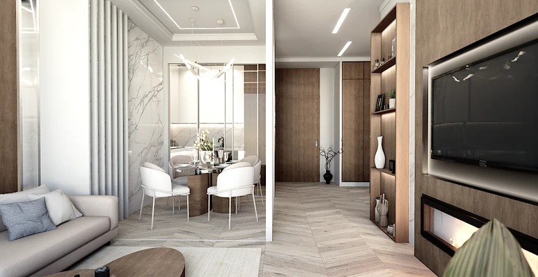 Дизайн интерьера апартаментов в ЖК ВТБ Арена парк. White apart