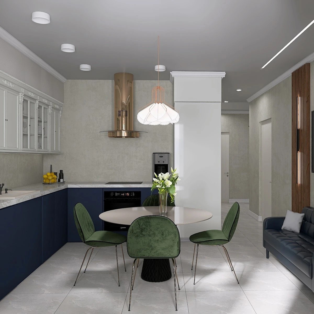 Кухня-гостиная для семьи с двумя детьми.