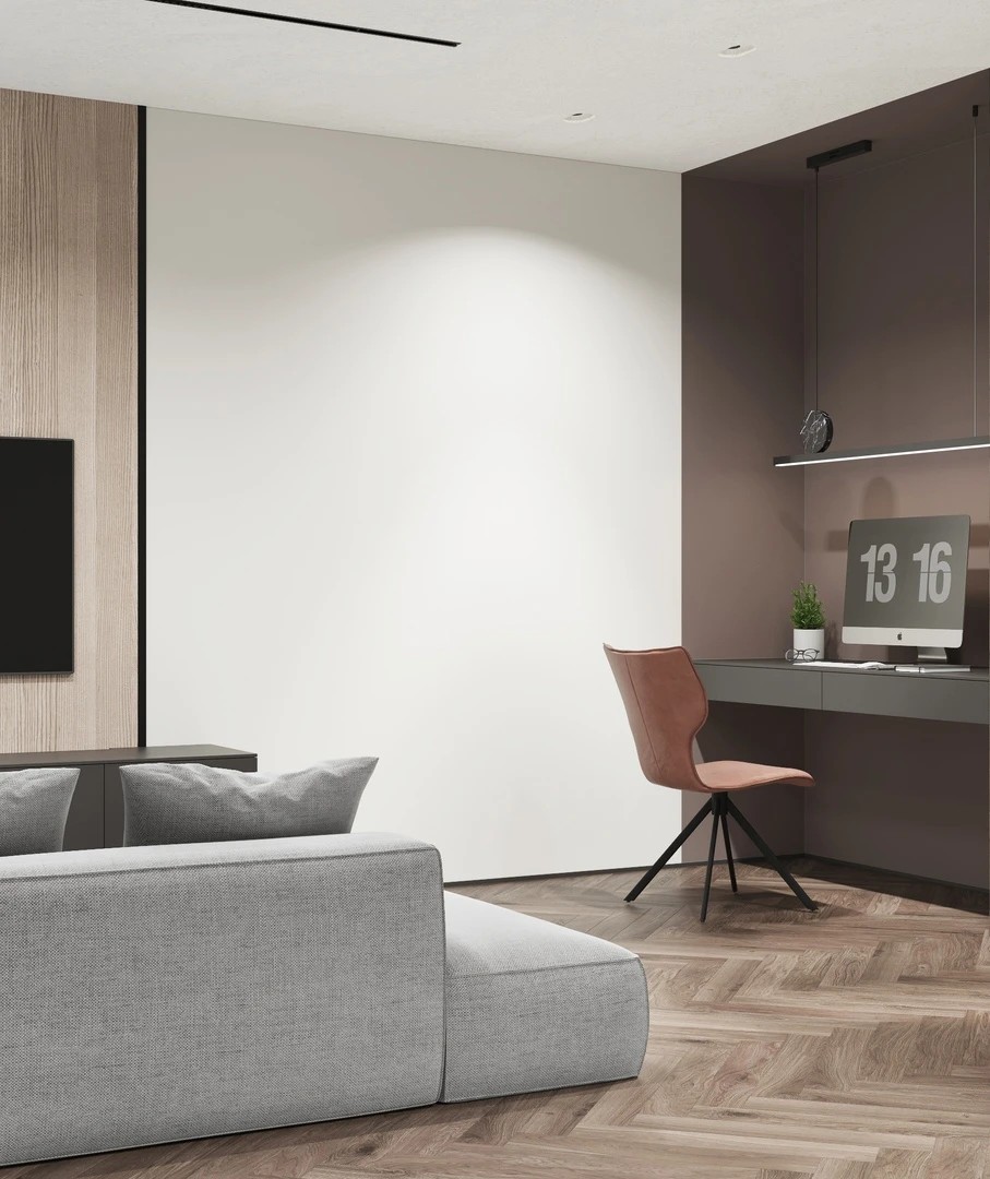 Визуализации стильной рабочей зоны в гостиной