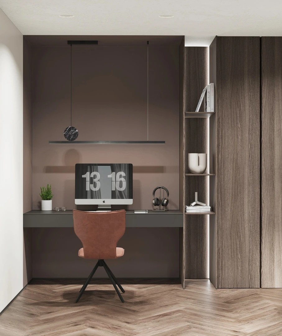 Визуализации стильной рабочей зоны в гостиной