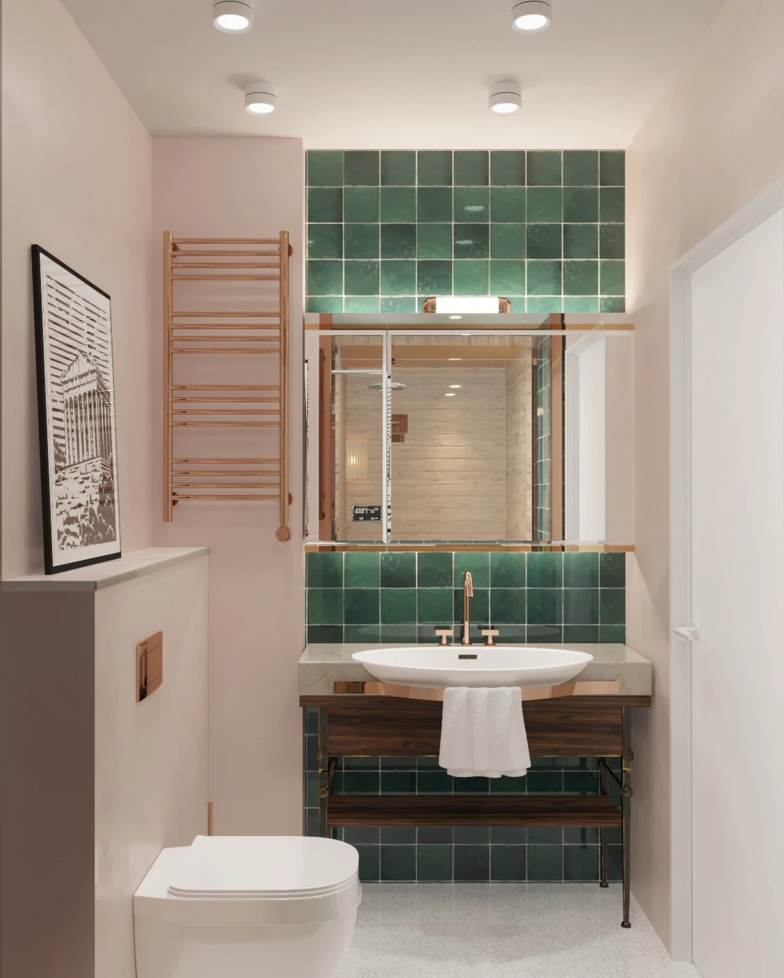 Bathroom with green and peach