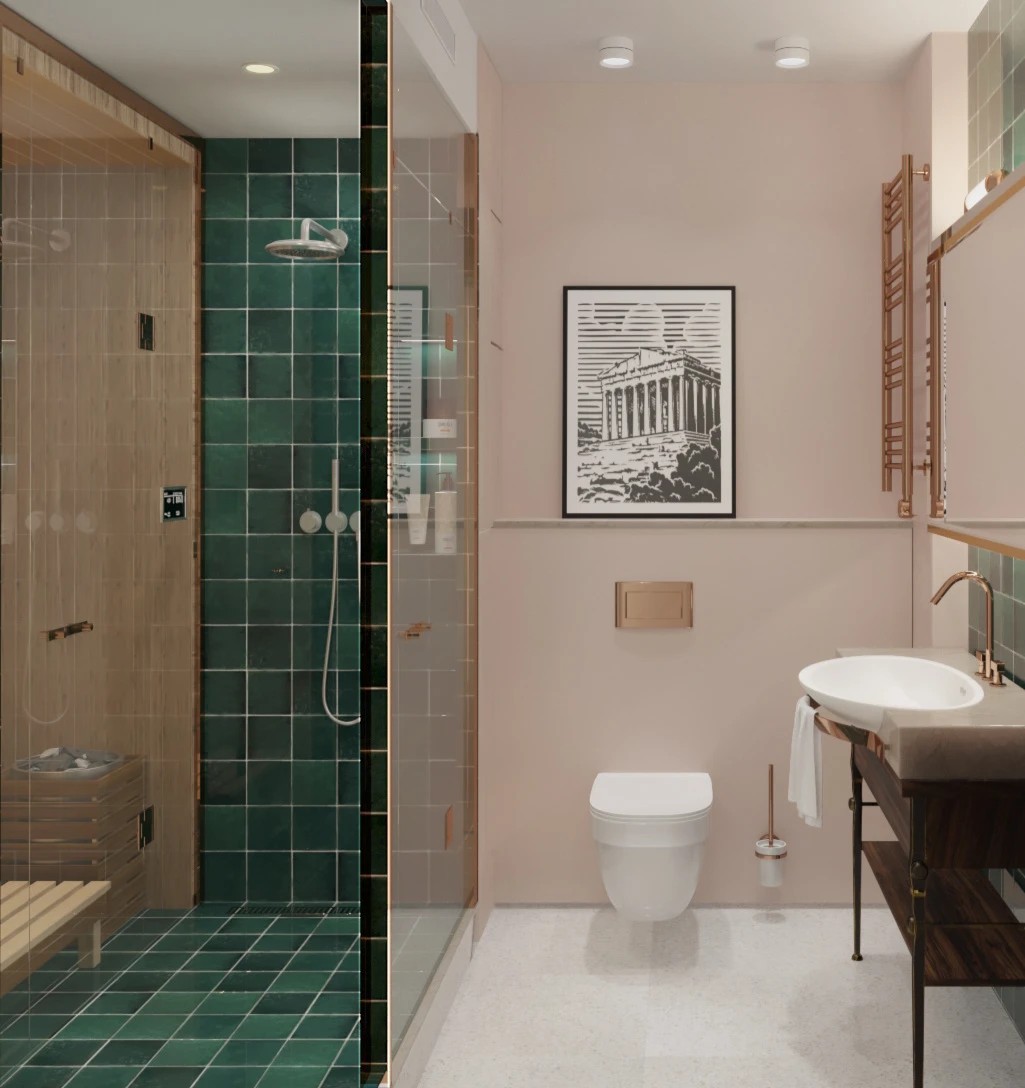 Bathroom with green and peach