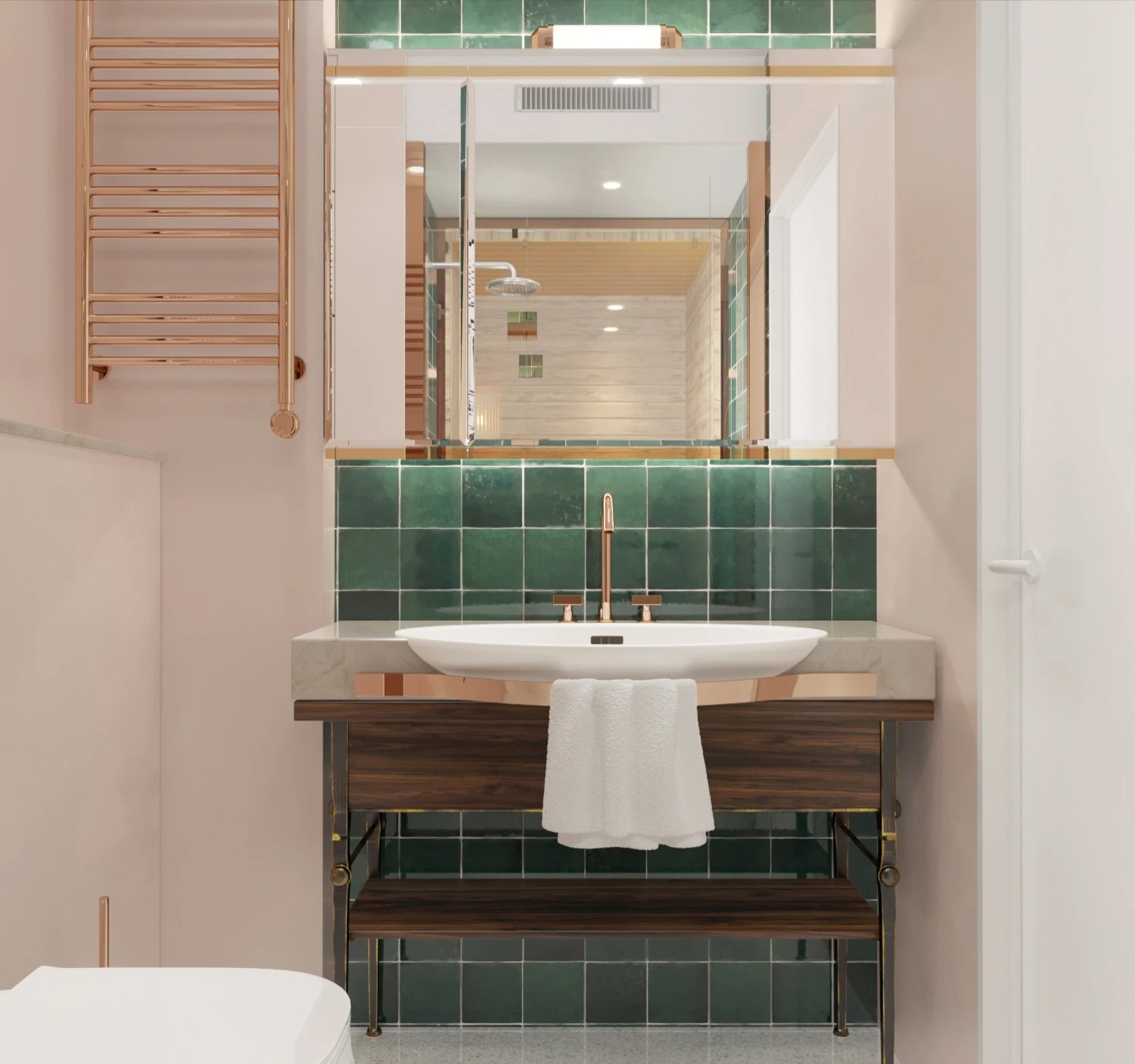 Bathroom with green and peach