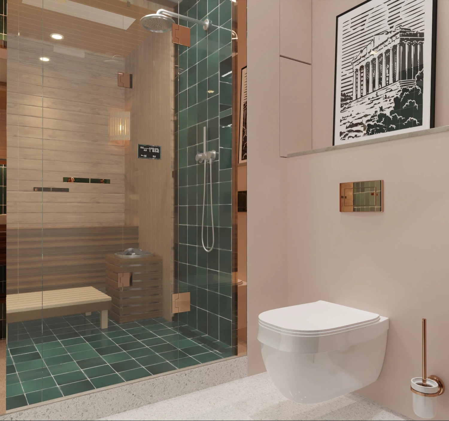 Bathroom with green and peach