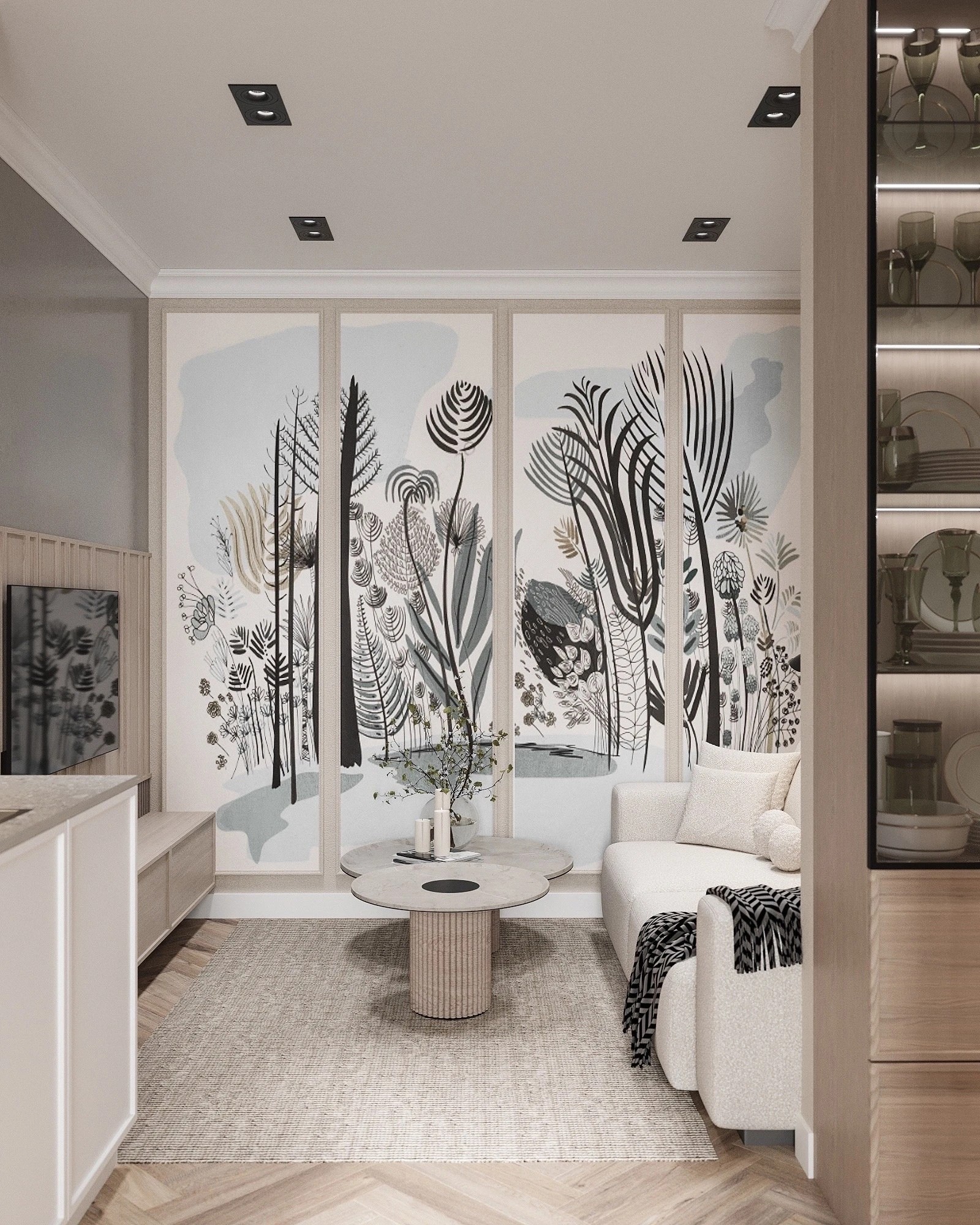 Кухня- гостиная в нежных тонах