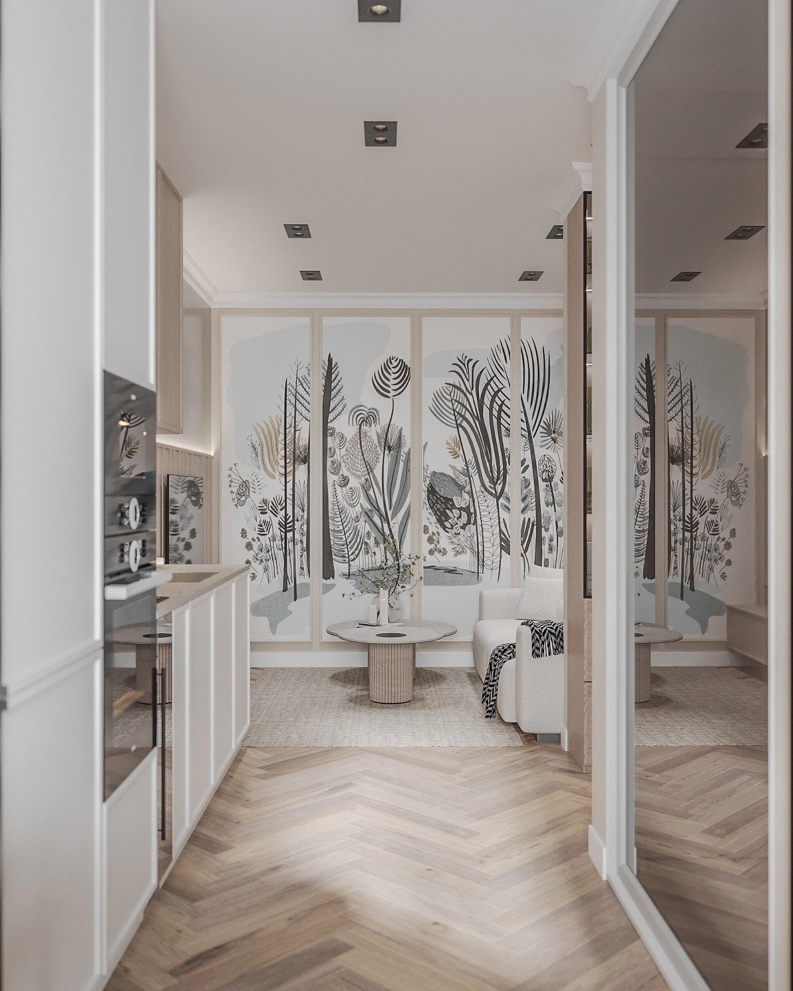 Кухня- гостиная в нежных тонах