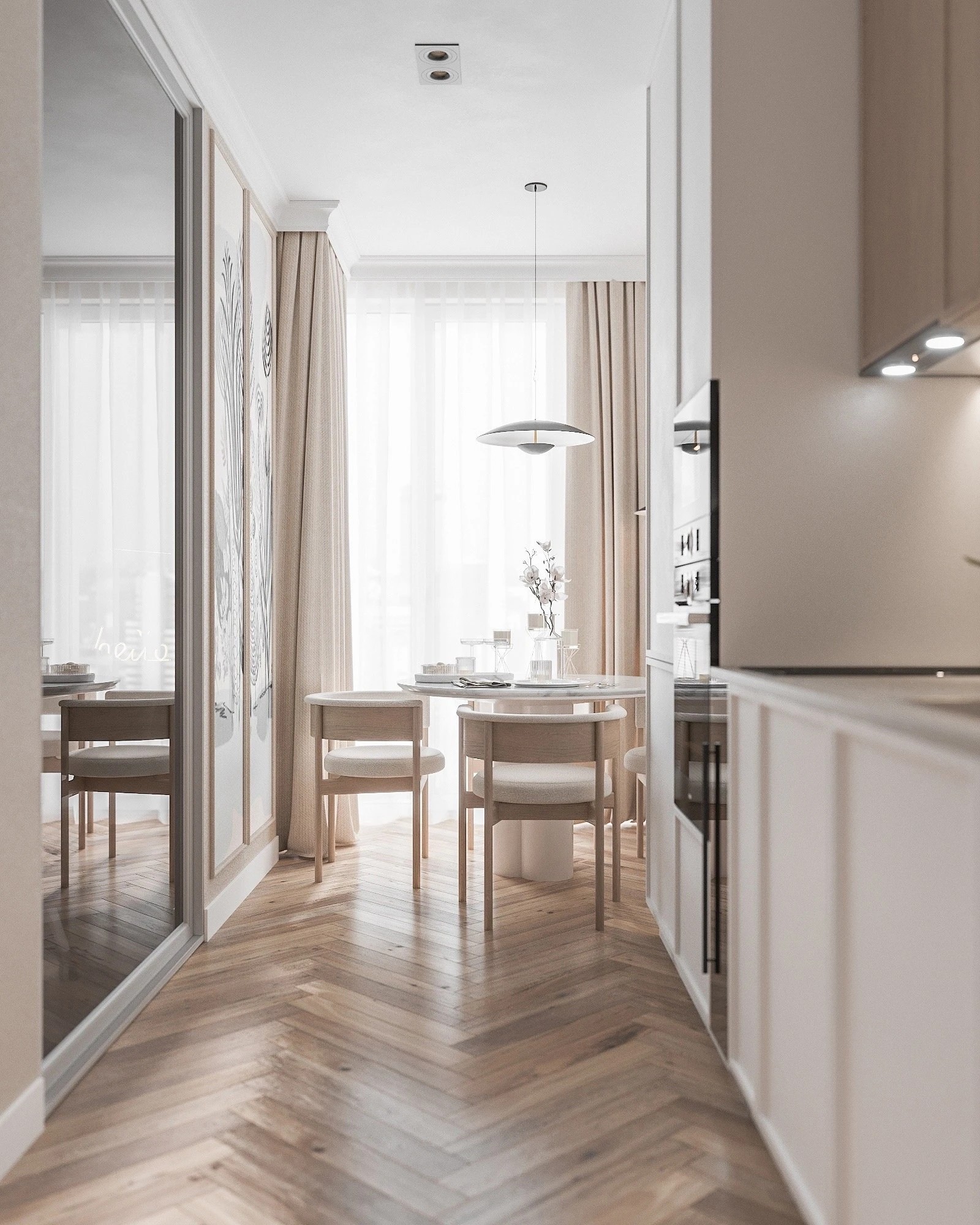 Кухня- гостиная в нежных тонах