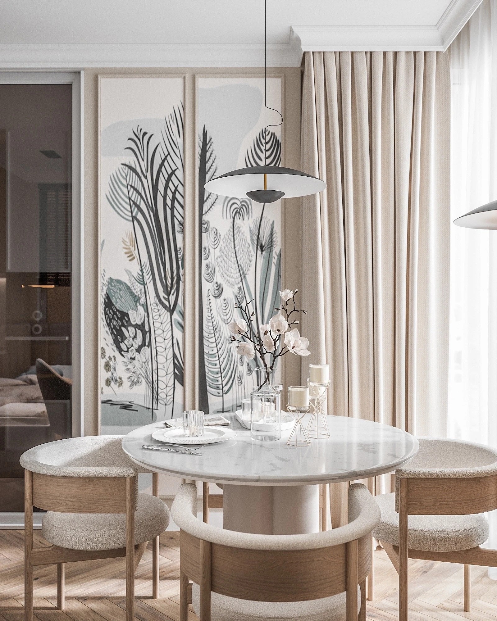 Кухня- гостиная в нежных тонах