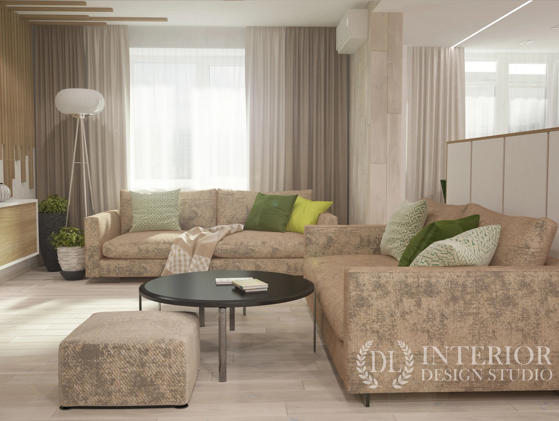 Современный дизайн гостиной с элементами эко-стиля