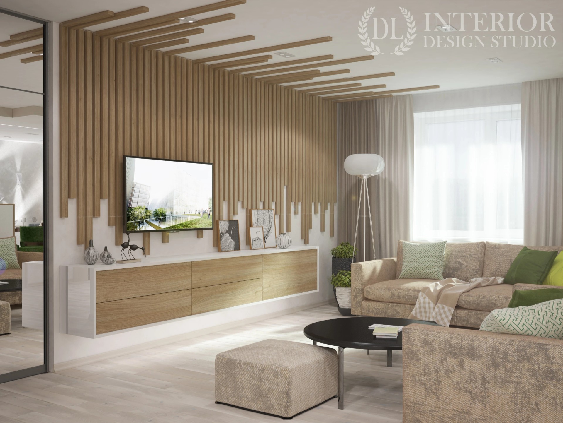 Современный дизайн гостиной с элементами эко-стиля