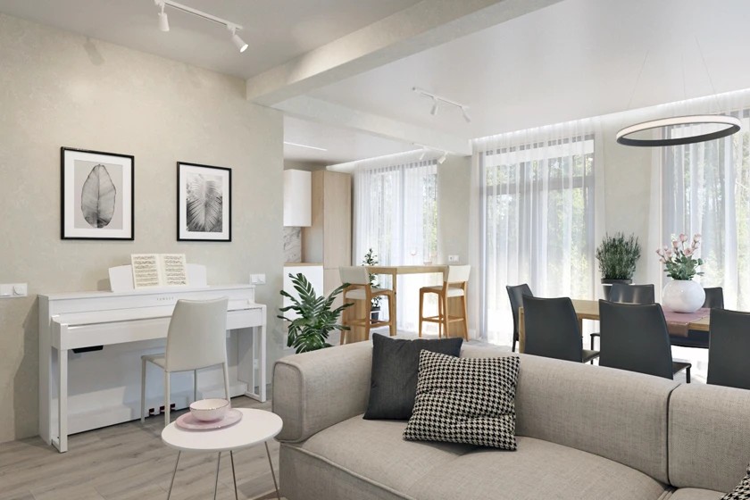 Общие зоны квартир и загородных домов: гостиные, кухни, столовые