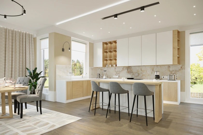 Общие зоны квартир и загородных домов: гостиные, кухни, столовые