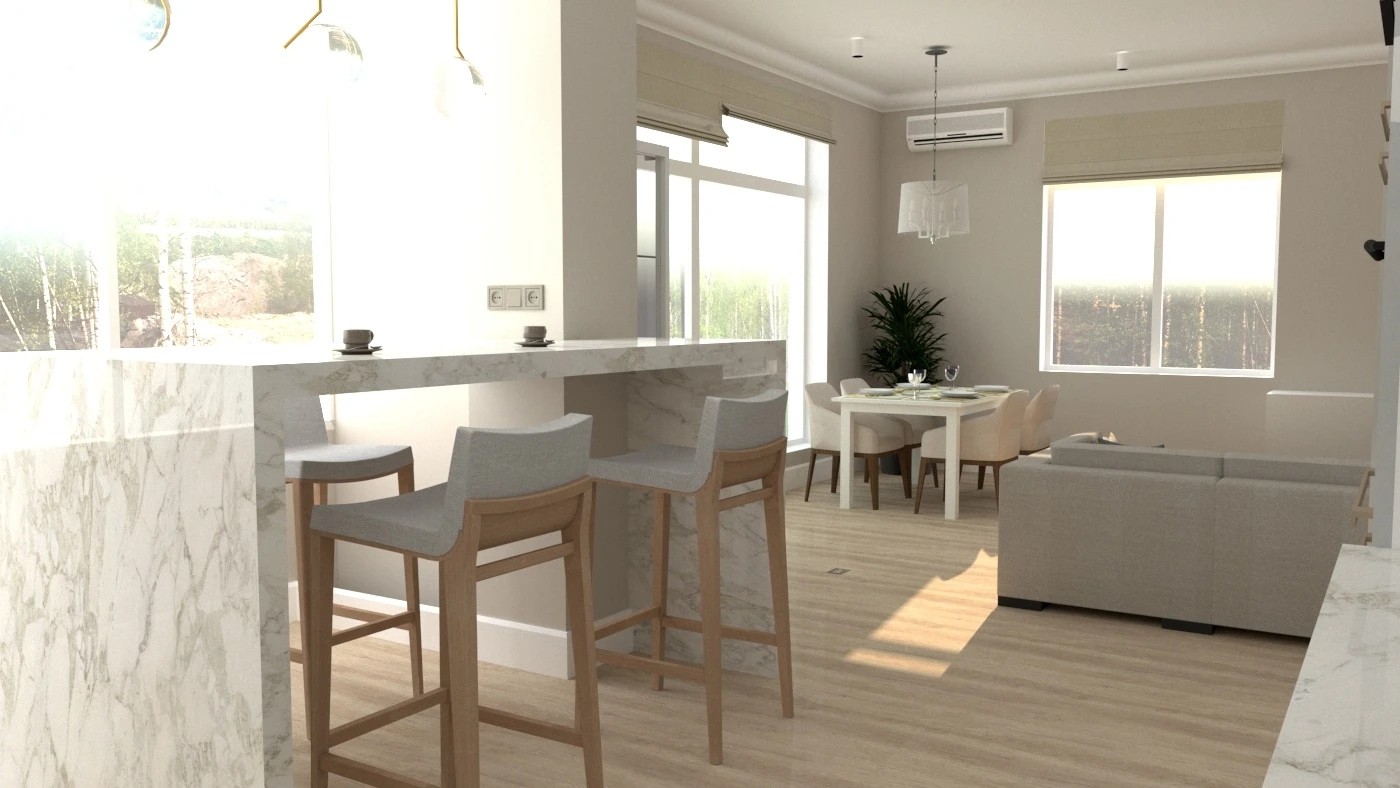 Кухня-гостиная 38 кв.м. в частном доме в д. Хязельки для молодой девушки с прекрасным видом из окна на березовую рощу и овраг