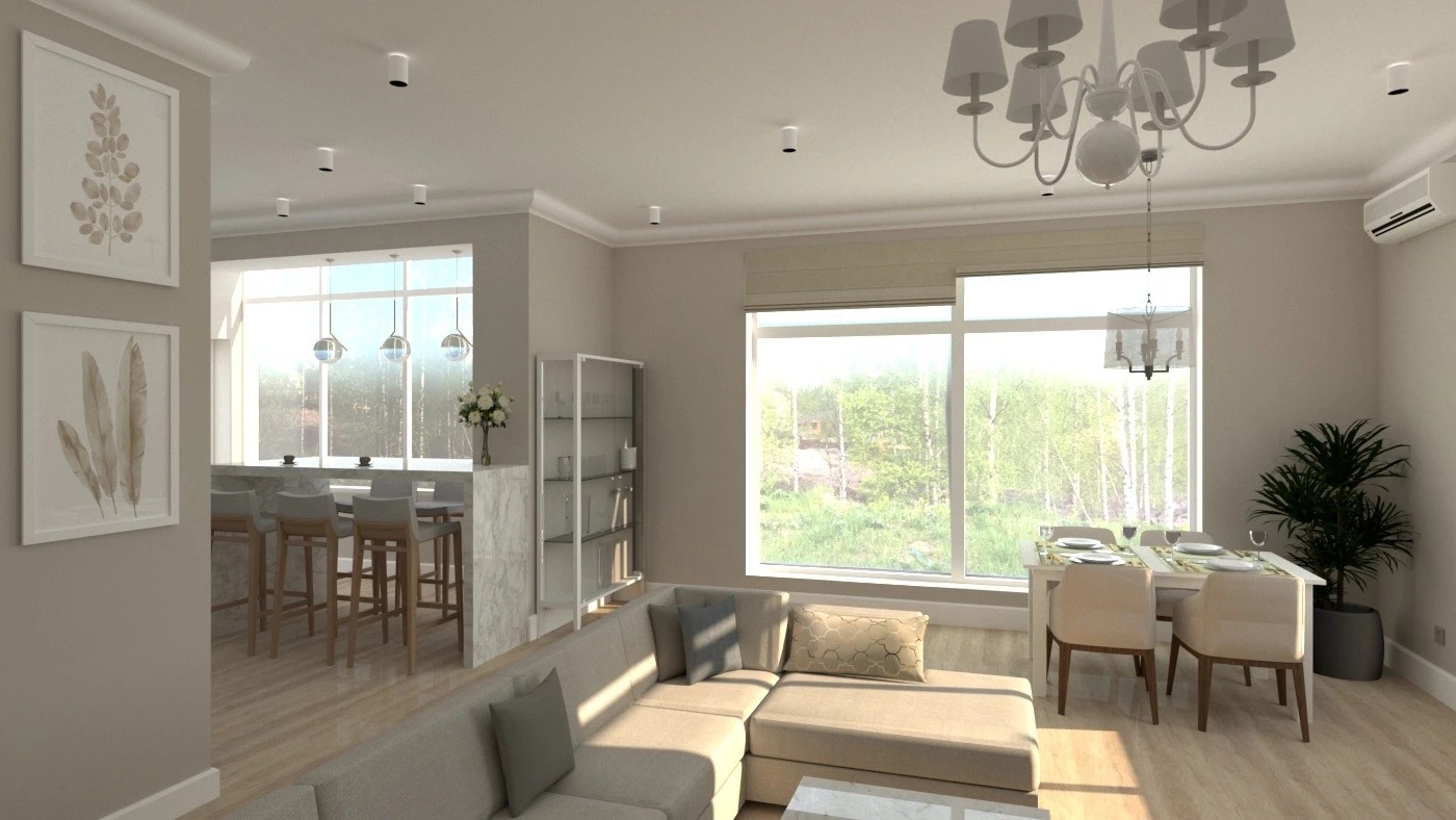 Кухня-гостиная 38 кв.м. в частном доме в д. Хязельки для молодой девушки с прекрасным видом из окна на березовую рощу и овраг