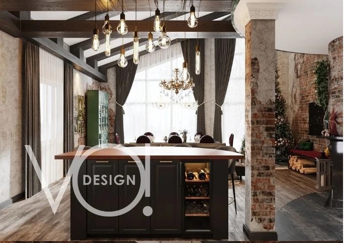 Загородный дом. Общ.зона, прихожая, гостиная столовая и кухня