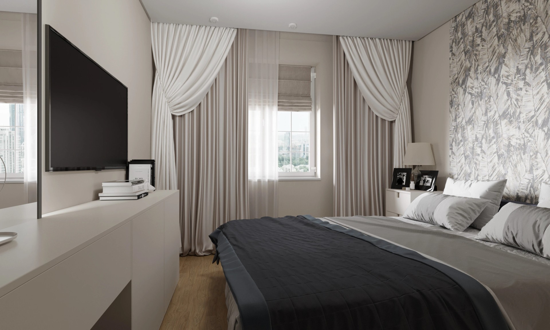 Два санузла, гардеробная, гостиная -кухня.