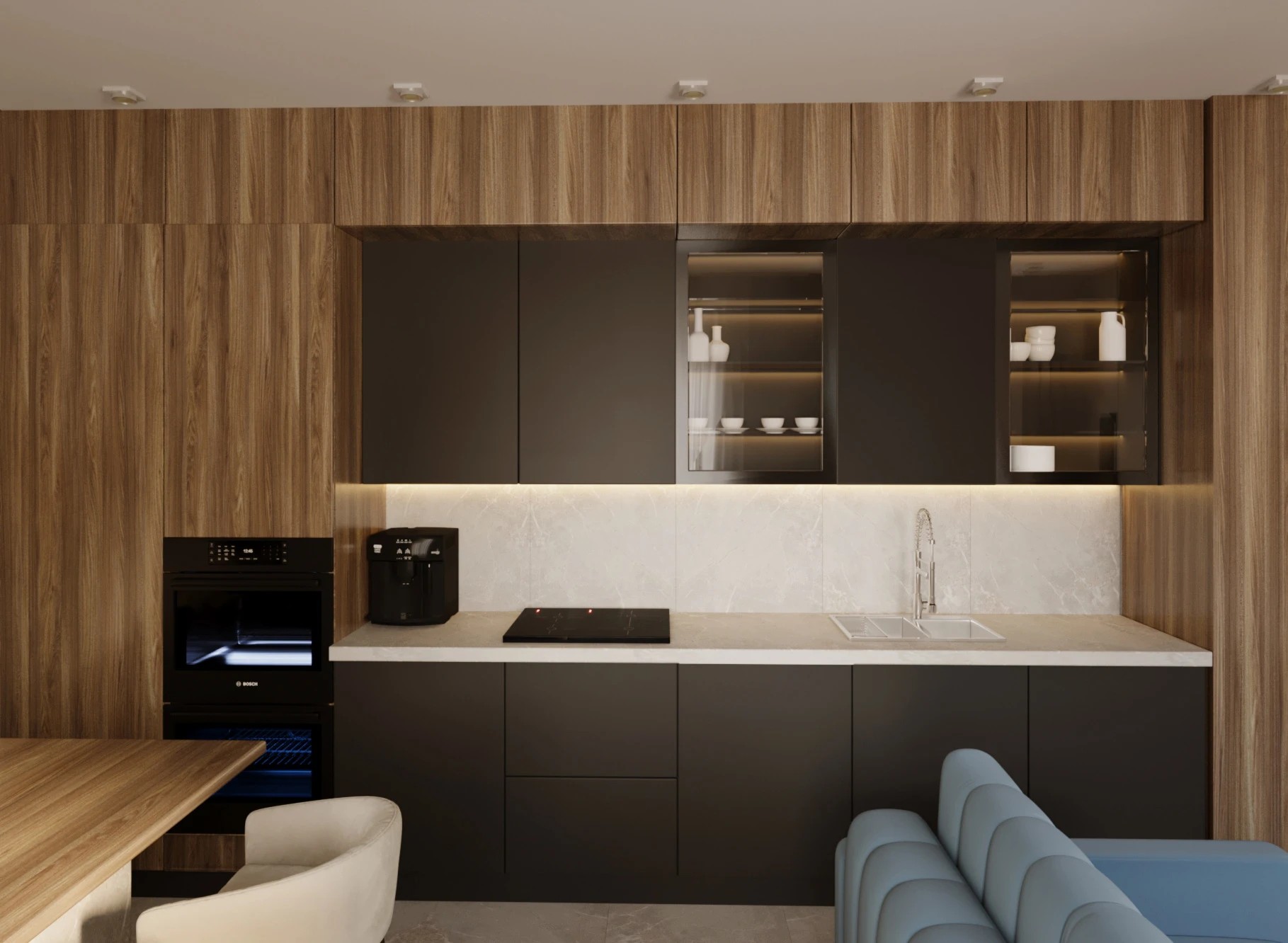 Два санузла, гардеробная, гостиная -кухня.