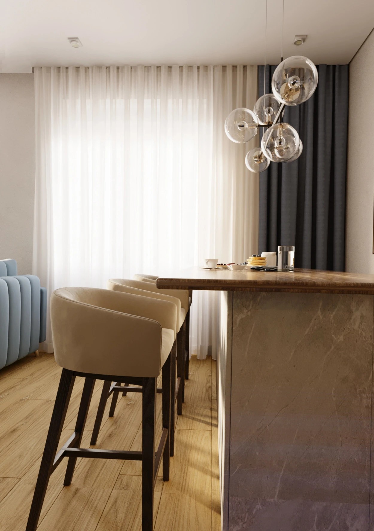 Два санузла, гардеробная, гостиная -кухня.