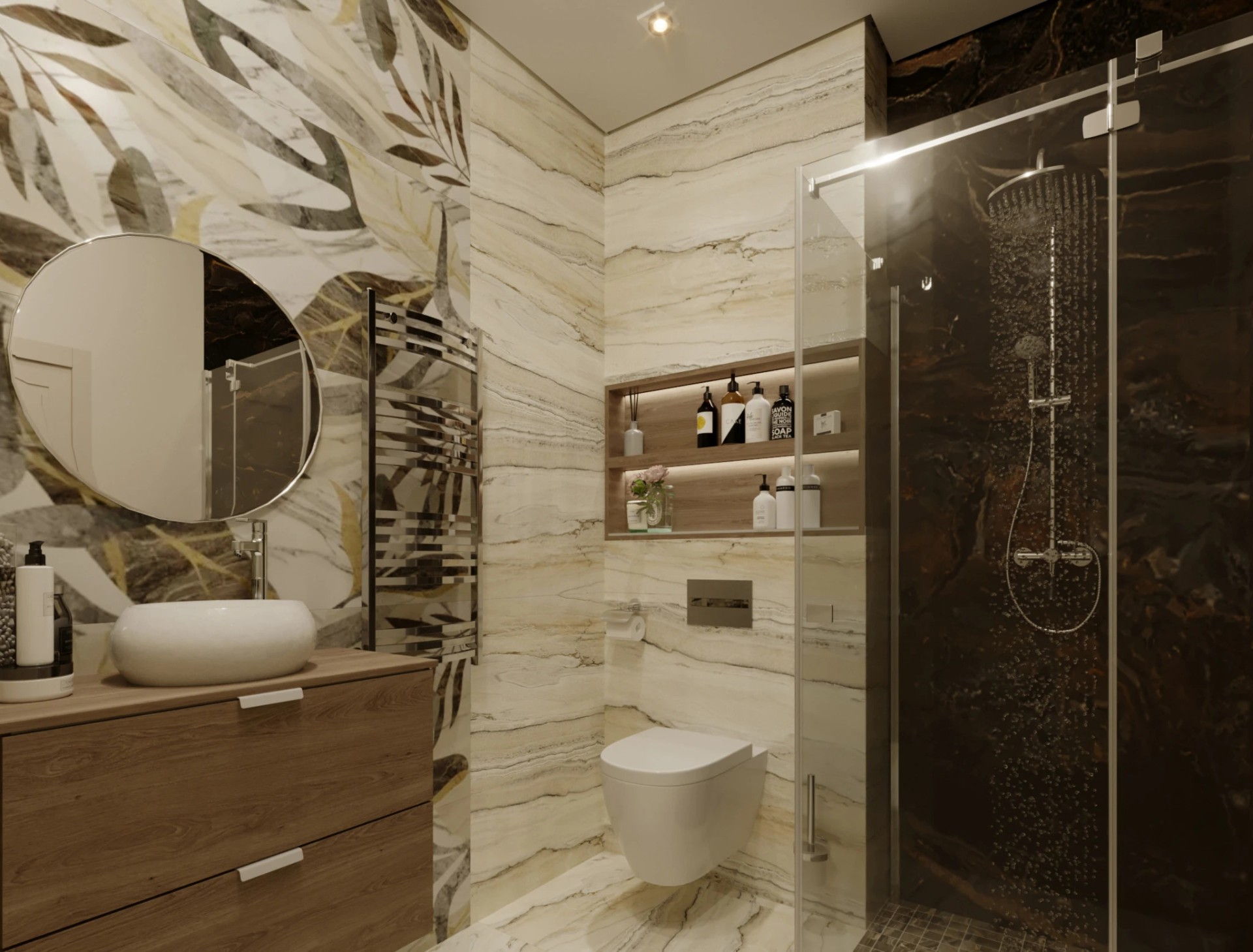 Два санузла, гардеробная, гостиная -кухня.