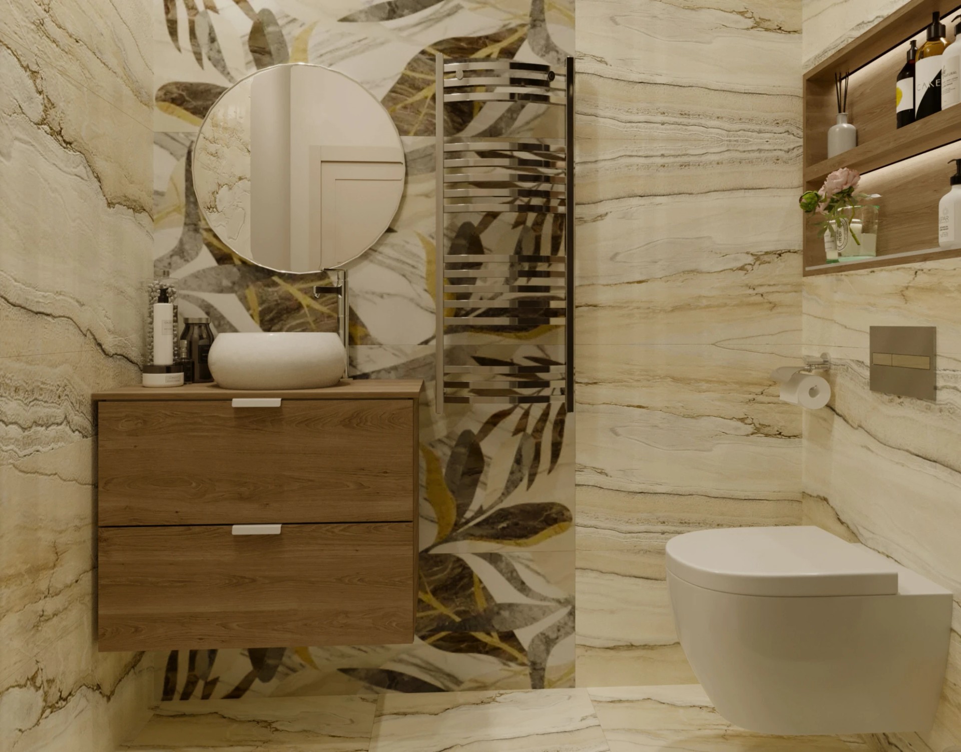 Два санузла, гардеробная, гостиная -кухня.